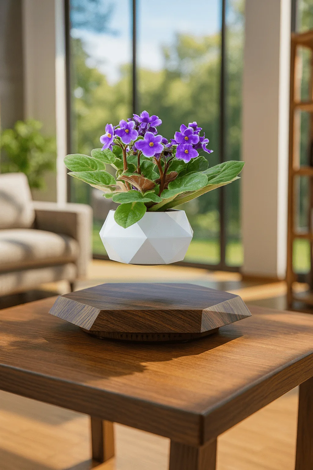 Levitating Flower Pot – أصيص نباتات مغناطيسي عائم بقاعدة خشبية