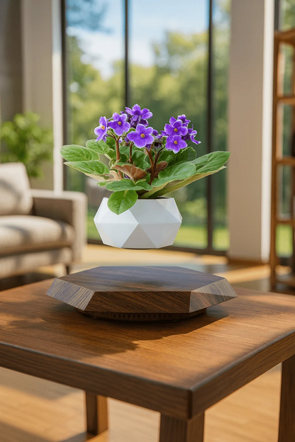 Levitating Flower Pot – أصيص نباتات مغناطيسي عائم بقاعدة خشبية