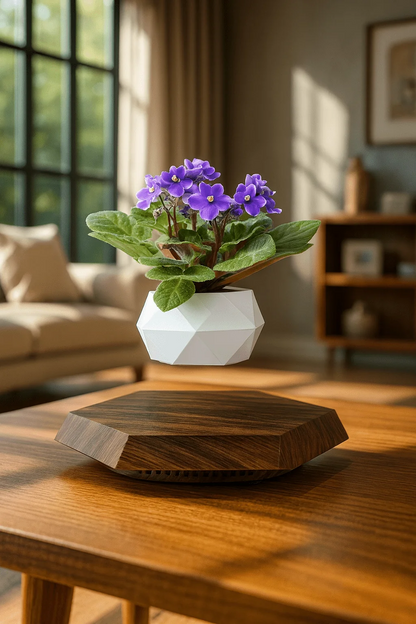 Levitating Flower Pot – أصيص نباتات مغناطيسي عائم بقاعدة خشبية